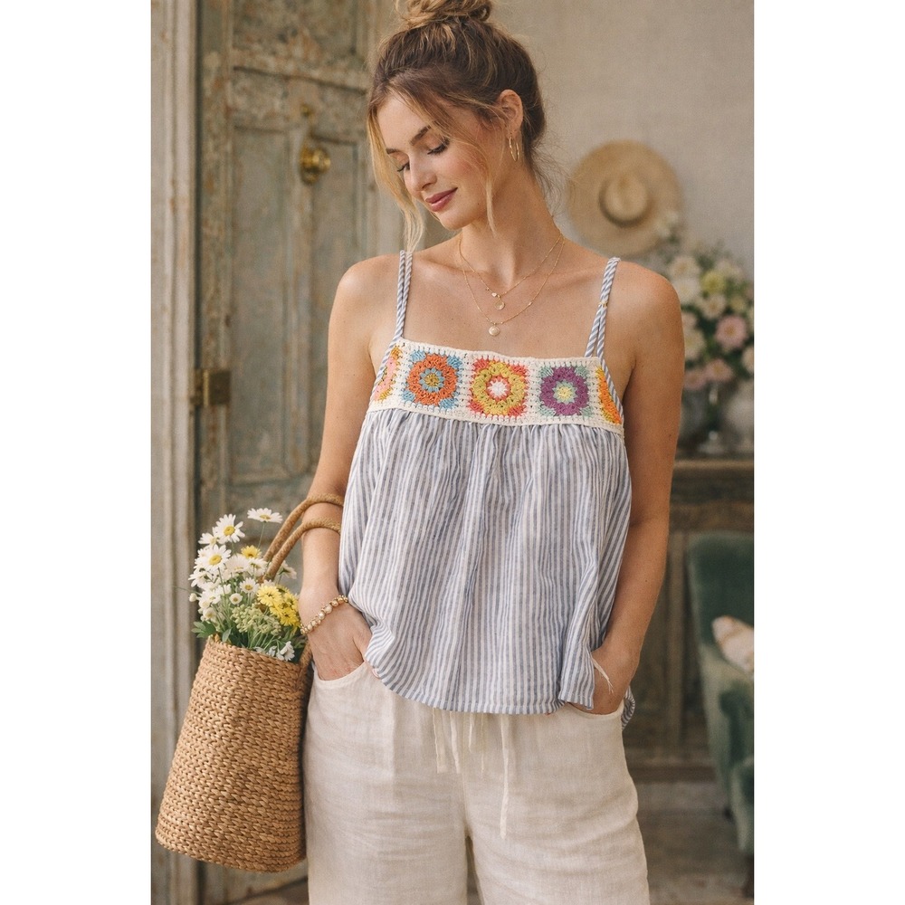 Boho Crochet Floral Patchwork Granny Stripe Babydoll Tank Top Whimsy Prairie SzS